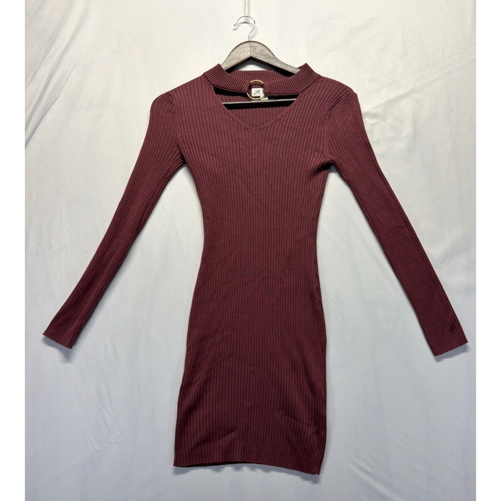Say What? Sweater Dress Womens Small Burgundy Ribbed Knit Circle Hardware V Neck